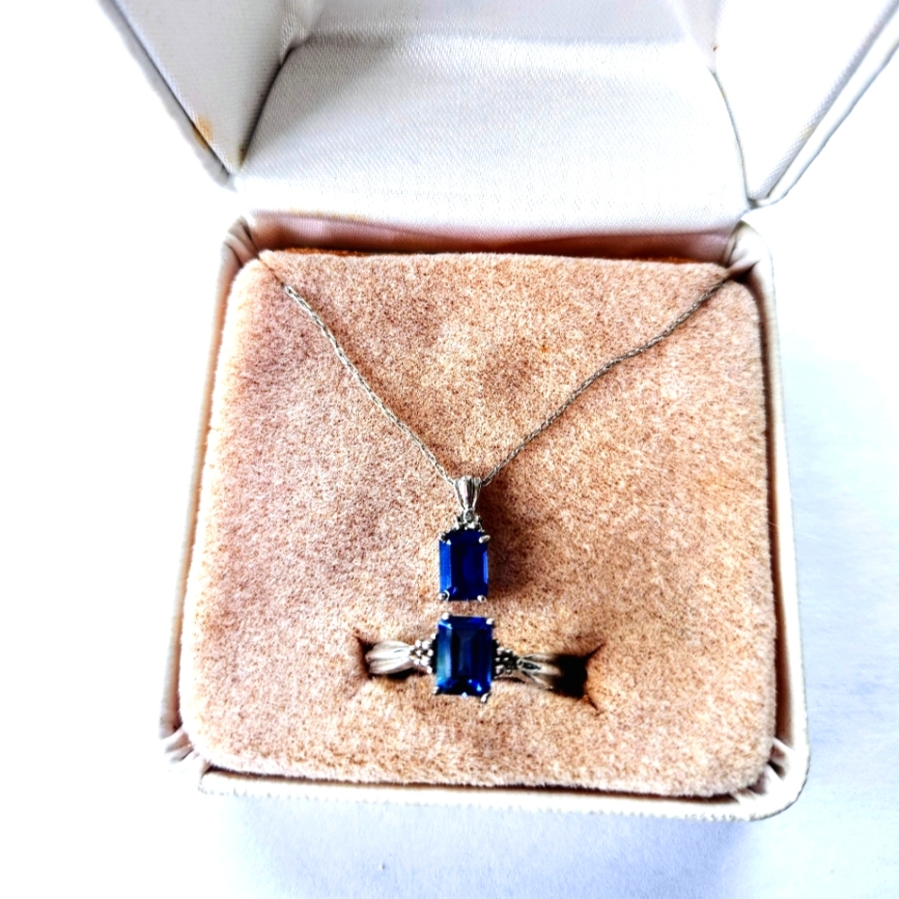 JCR Rinker 10k white gold petite  sapphire pendant necklace 18" ring size 7 set